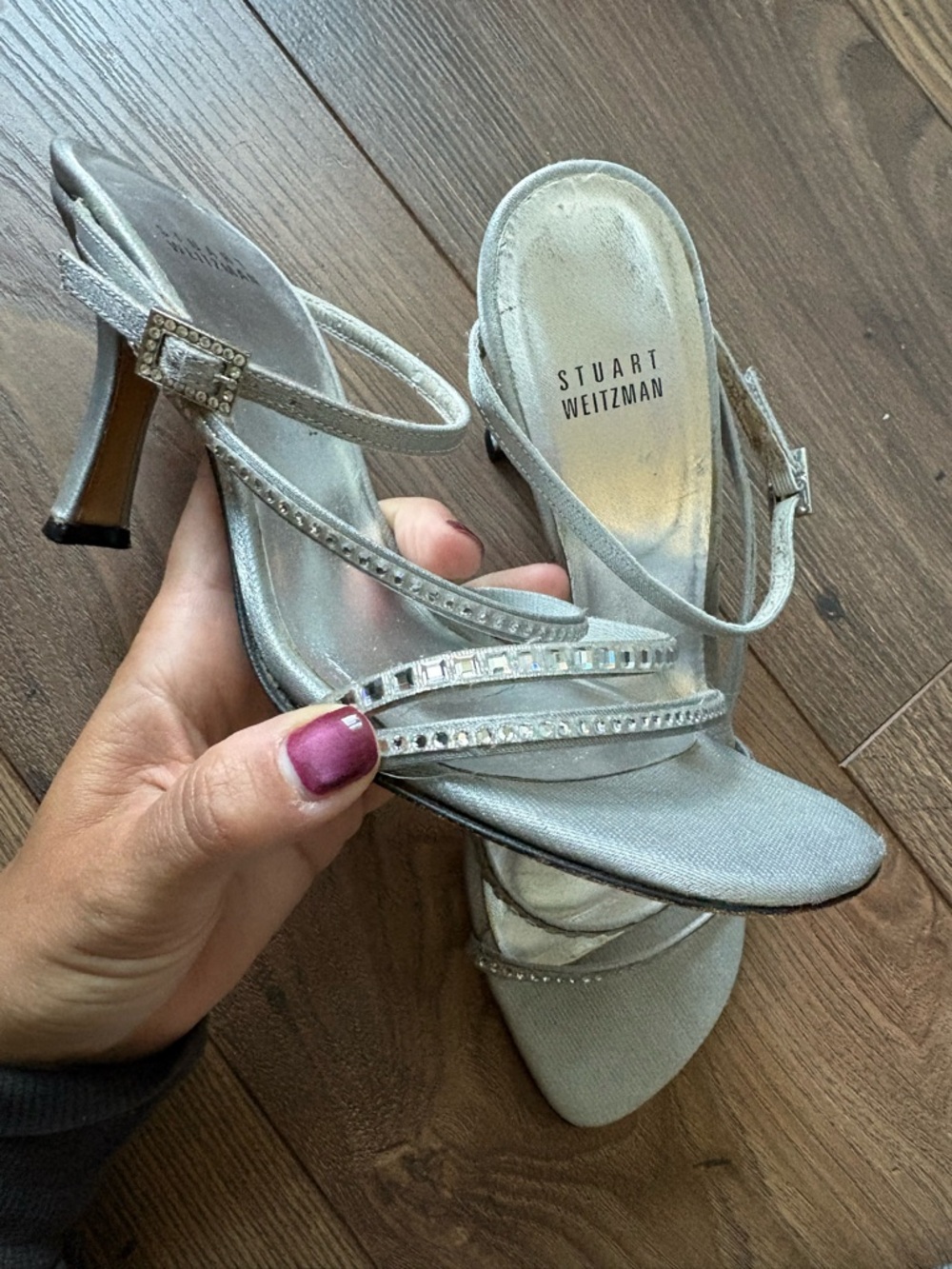 Stuart Weitzman Silver Strappy Crystal-Embellished Heels - Picture 2 of 6